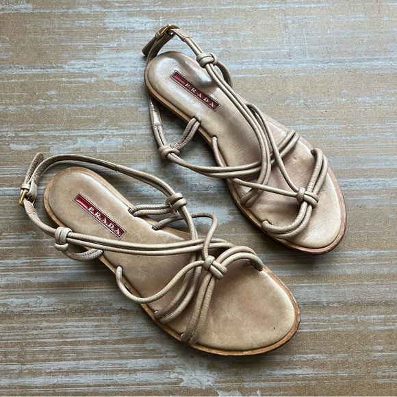 Prada Knotted Leather Sandals Boho Gladiator Preppy Casual Tan Western Womens 6 - Picture 3 of 10